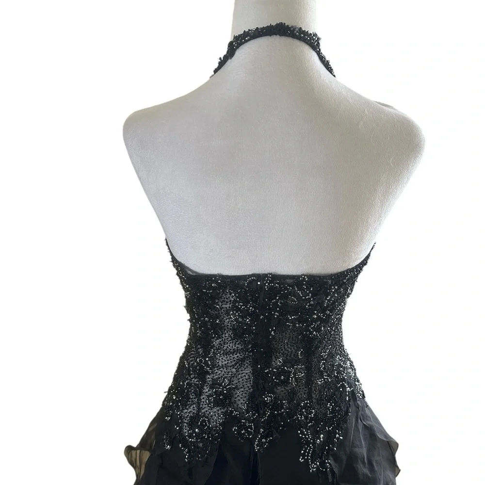 STEPHEN YEARICK Black 100% Silk Beaded Halter Gown Dress Size 6 Couture Pageant - Picture 6 of 17
